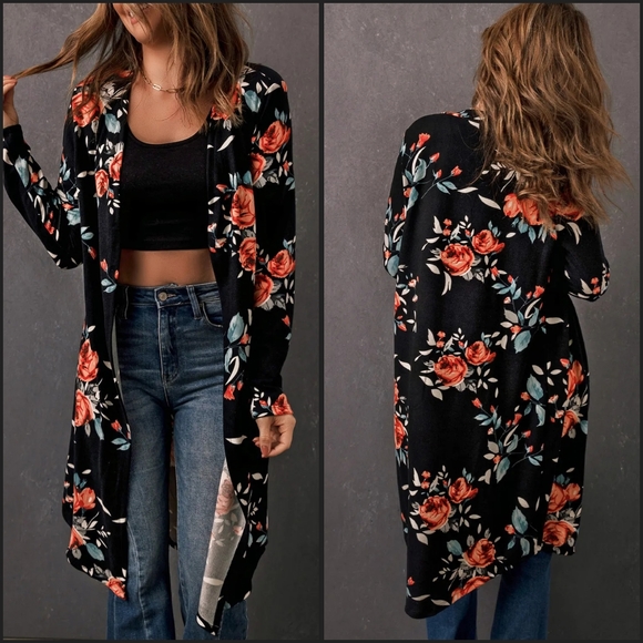 Black Floral Open Front Longline Cardigan - Picture 1 of 5